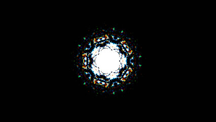 黒い背景にカラフルなガラスの反射のような3dイラスト。柄。