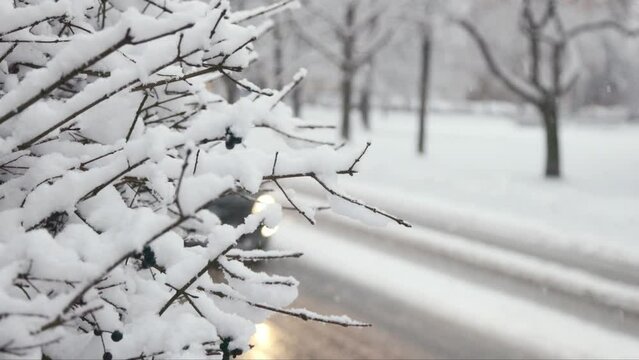 Snowy traffic in winter city in Krakow, Poland. Video in slow motion.