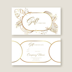 Gift voucher card template. Modern discount coupon or certificate layout with abstract golden art backgrounds and botanical palm leaves Vector illustration.