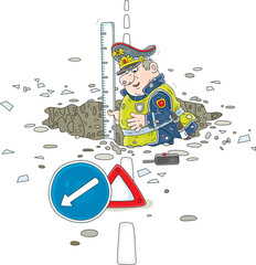 Funny puzzled traffic cop measuring a depth of a large and very deep pothole in a road, vector cartoon illustration isolated on a white background