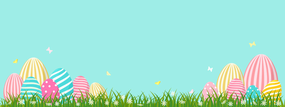 Easter banner vector illustration, colorfully pastel different pattern eggs with beautiful butterfly in green grass field spring flower meadow garden on blue background, Easter egg hunt holiday 
