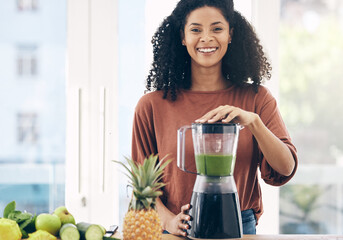 Blender, smoothie and portrait of black woman for green diet, detox and healthy breakfast fruits in...