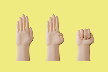 3D render of hand signal for help isolated on yellow background. There are 3 steps starting from left to right.