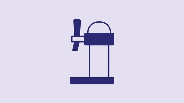 Blue Dispenser beer icon isolated on purple background. Beer wide tower with tap. 4K Video motion graphic animation