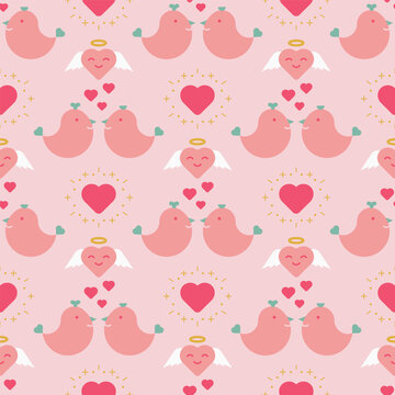 Pink Lovebirds Valentines Day Vector Repeat Pattern Background Design © amoghdesign