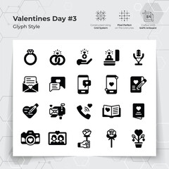 Valentine's day icons set in glyph black fill style with wedding gifts and chat themed