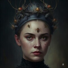 Beautiful brunette with a crown of worms on her head. Image generated by ai, Generative AI - 570570916