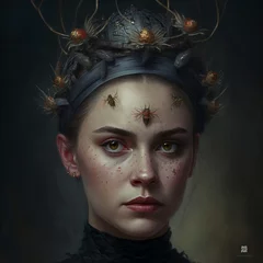 Selbstklebende Fototapete Malerische Inspiration Beautiful brunette with a crown of worms on her head. Image generated by ai, Generative AI