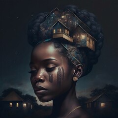 A beautiful black woman with a town on her head. Image generated by ai, Generative AI