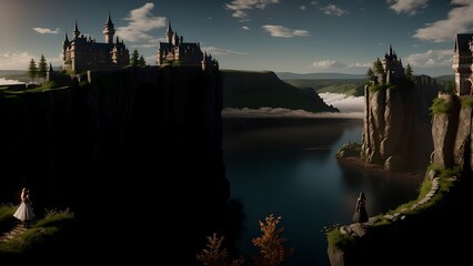 Naklejka premium Dreamlike visions of Girl And Old Castle 