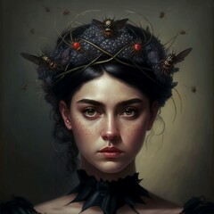 Beautiful brunette in a crown of bugs on her head. Image generated by ai, Generative AI