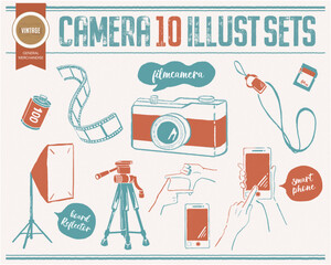 フィルム　写真　線画のセットイラスト