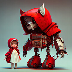 fantasy conceptualization of little red riding hood in the future, robot wolf, ai generated