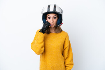 Young caucasian woman with a motorcycle helmet isolated on white background thinking an idea