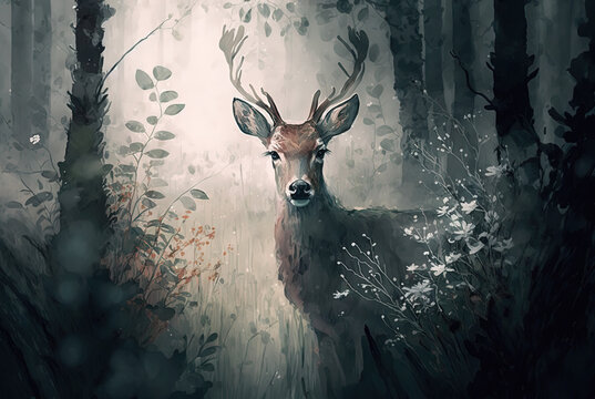 Deer in forest, leaves, trees, oil painting, brush strokes texture. Generative AI.