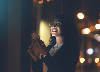 Social media, gps and woman with phone at night for communication, chat and app in city. Internet,...
