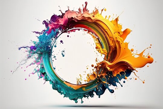 Abstract Circle Liquid Motion Flow Explosion. Curved Wave Colorful Pattern With Paint Drops On White Background