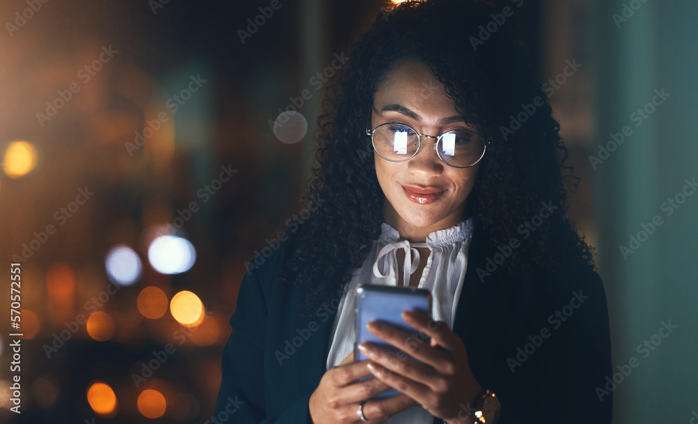 Poster email, online and woman reading on a phone, communication and internet for business at night. connec