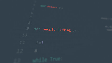 Cyber attack people hacking vunerability in text ascii art style, code on editor screen.