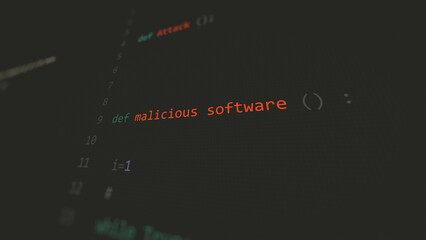 Cyber attack malicious software vunerability in text ascii art style, code on editor screen.