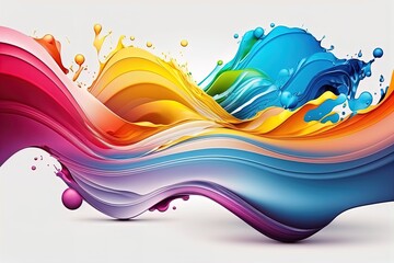 Abstract liquid motion flow explosion. Curved wave colorful pattern with paint drops. - obrazy, fototapety, plakaty