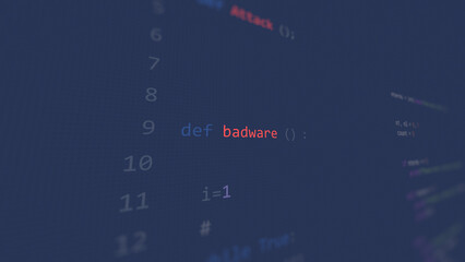 Cyber attack badware vunerability in text ascii art style, code on editor screen.