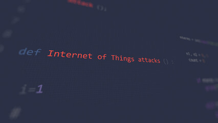 Cyber attack internet of things attacks vunerability in text ascii art style, code on editor screen.