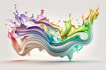 Abstract liquid motion flow explosion. Curved wave colorful pattern with paint drops.