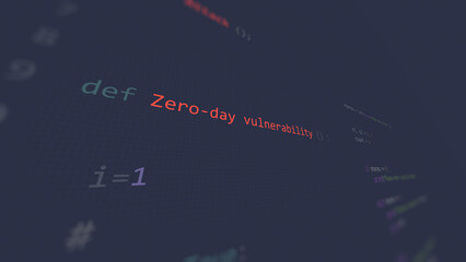 Zero-day vunerability in text ascii art style, code on editor screen.