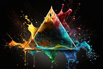 Abstract triangular prism crystal with colorful paint explosions drops and flow motions on dark background.