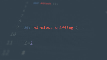Cyber attack Wireless sniffing vunerability in text ascii art style, code on editor screen.