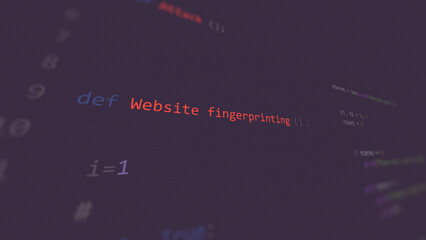 Cyber attack Website fingerprinting vunerability in text ascii art style, code on editor screen.