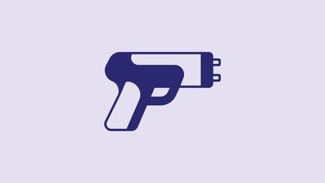 Blue Police electric shocker icon isolated on purple background. Shocker for protection. Taser is an electric weapon. 4K Video motion graphic animation