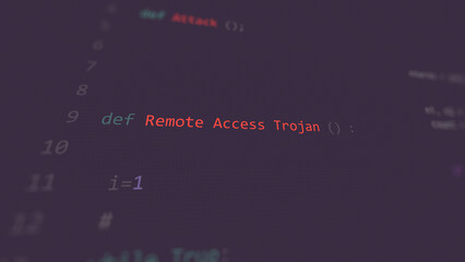 Cyber attack remote access trojan vunerability in text ascii art style, remote trojan code on editor screen.