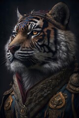 Portrait of a tiger dressed in military clothes, an heroic general. Generative AI - obrazy, fototapety, plakaty