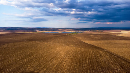 Beautiful aerial panoramic view of autumn countryside landscape. Agricultural fields near Karnobat, Bulgaria