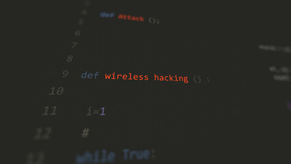 Cyber attack wireless hacking vunerability in text ascii art style, code on editor screen.