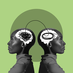 Digital art, thinking brain and face of black woman on green background for ideas, strategy and...