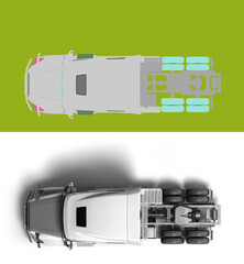 White semi truck with black inserts with carrying capacity of up to five tons top view 3d render on white with alpha