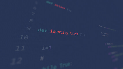 Cyber attack identity theft vunerability in text ascii art style, code on editor screen.