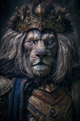 Portrait of an old lion king , heroic look, dressed in military clothes. Generative AI - obrazy, fototapety, plakaty