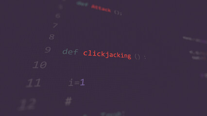 Cyber attack clickjacking vunerability in text ascii art style, code on editor screen.