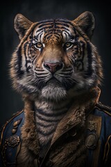 Portrait of a tiger dressed in military clothes, an heroic general. Generative AI - obrazy, fototapety, plakaty