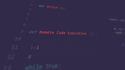 Remote code execution RCE vunerability in text ascii art style, pirate hack code on editor screen.