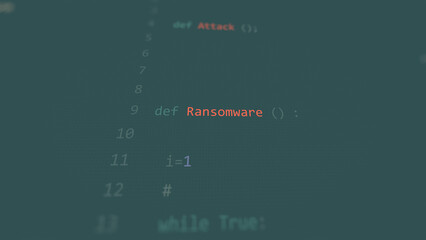 Cyber attack Ransomware vunerability in text ascii art style, code on editor screen.