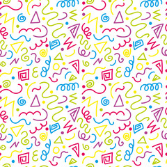 Vector seamless pattern with colorful hand drawn geometric shapes. Doodle template for printing, packaging. textiles, scrapbooking, wallpaper, design