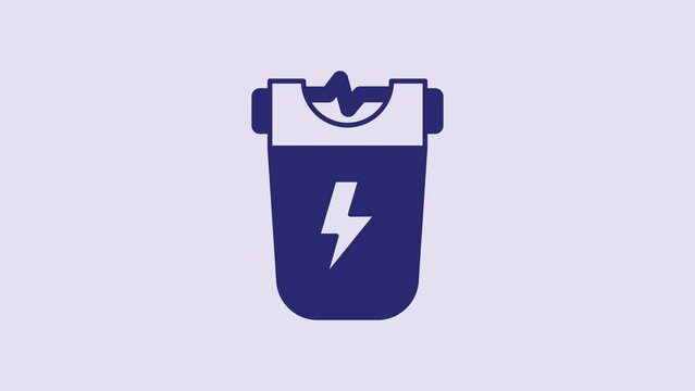 Blue Police electric shocker icon isolated on purple background. Shocker for protection. Taser is an electric weapon. 4K Video motion graphic animation