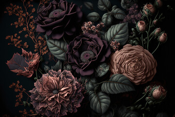 Flowers on a black background. Abstract floral design for prints, postcards or wallpaper. AI
