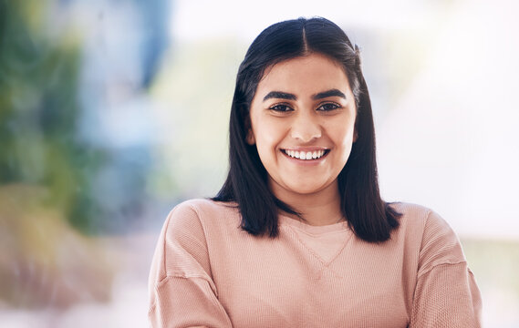 Portrait of young Indian woman happy with internship in Human Resources, opportunity and mission. Vision for company values, goals and face or headshot of gen z person with hr job for about us or faq