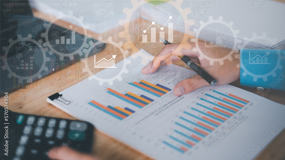 Poster accountant calculating numbers in company financial documents with calculator, analysis of company f